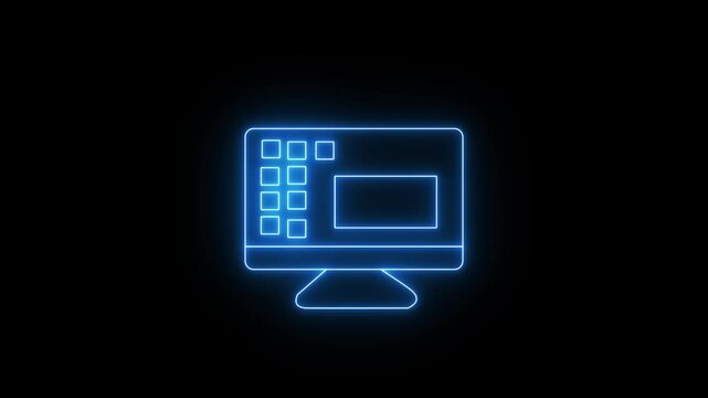 Glowing neon blue icon of a computer monitor displaying grid icons and software interface windows across its screen. Animated computer display, desktop interface, workspace icon on a black background.