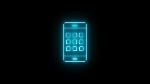 A bright blue red icon of a smartphone on a black background, with a 3x3 grid of square app icons visible on the screen. This is an animated mobile app display, the smartphone's home screen interface.