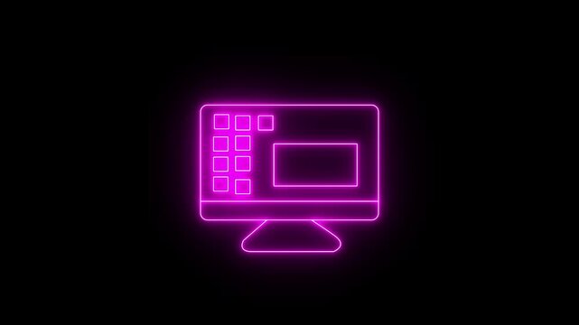 Glowing neon pink icon of a computer monitor displaying grid icons and software interface windows across its screen. Animated computer display, desktop interface, workspace icon on a black background.