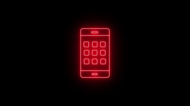 A bright neon red icon of a smartphone on a black background, with a 3x3 grid of square app icons visible on the screen. This is an animated mobile app display, the smartphone's home screen interface.