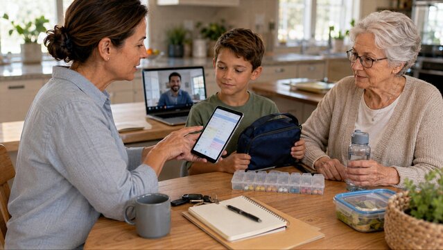 smartphone care app becomes coordination hub connecting meals, medicine, transport and school needs for child, an older parent and wider family.