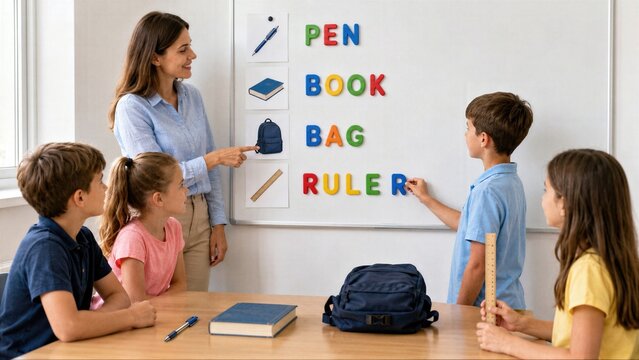 Magnetic board, pen, ruler and book turn school scene into highly readable English activity focused on word building, object recognition and practical learning.
