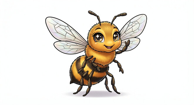Detailed vector illustration of a cute honey bee cartoon character smiling and waving its hand.