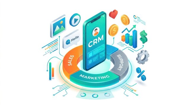 Isometric digital marketing concept with a smartphone surrounded by business icons representing growth strategy analytics and online financial management solutions