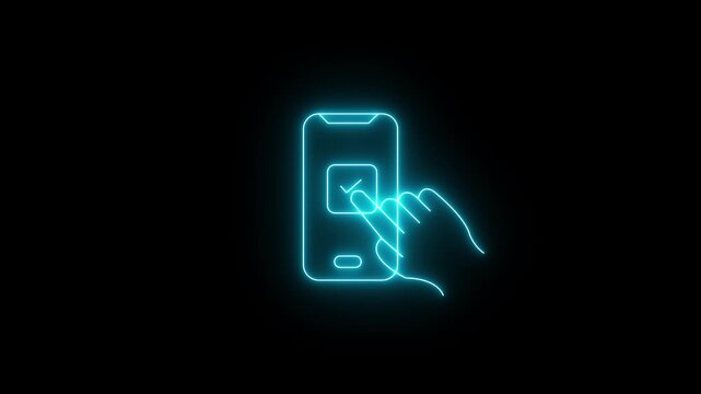 Glowing neon cyan icon of a hand touching/tapping a checkmark button on a smartphone screen. Animated mobile interaction, touch screen selection, task completion,approval icon on a black background
