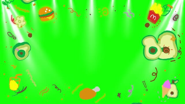 Food illustrations including hamburgers, french fries, avocados, and ice cream cones float around the perimeter of a green background with spotlights to highlight the central area for text overlay.