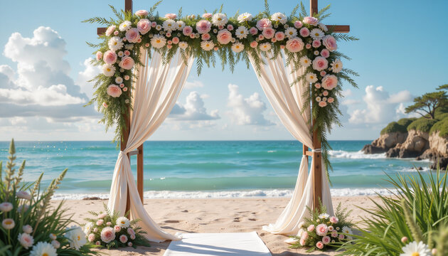 beach wedding arch adorned with flowers and draped fabric overlooking the ocean with gentle waves crashing in the background, perfect for wedding invitations and decorations