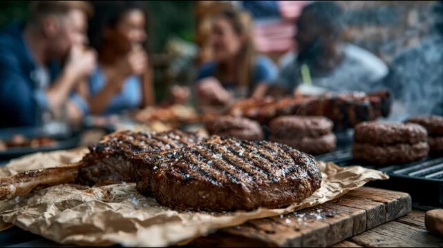 Juicy grilled tomahawk steak with sea salt, ready to be served at an outdoor barbecue party