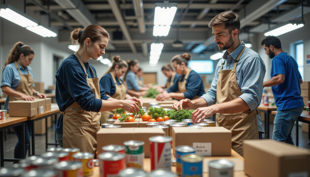 volunteers participating in a food donation drive, organizing fruits and vegetables in a community center with a focus on cooperation and support for local needs
