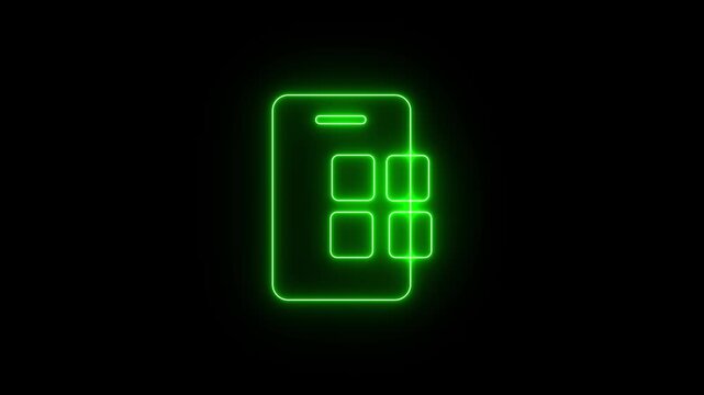Glowing neon green icon of a smartphone displaying four app grid icons on its screen. Animated mobile applications, smartphone user interface, or app menu icon  on a black background. 