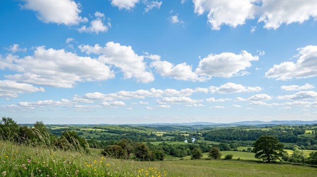 A beautiful panoramic view of the rolling green countryside under a bright blue sky with fluffy white summer clouds
