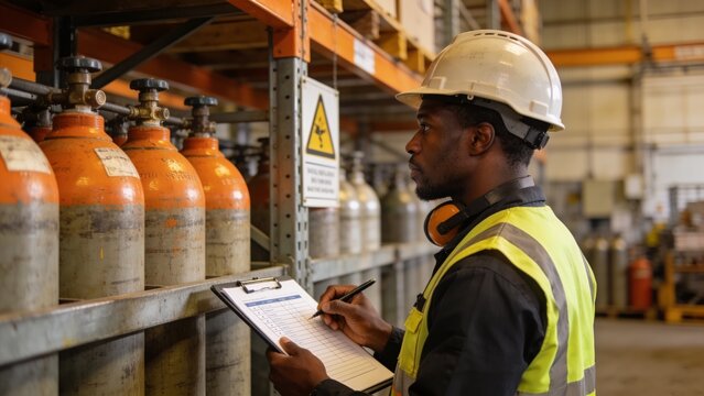 Factory worker performing compliance inspection of gas cylinders in clean industrial storage environment.