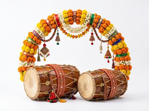 Traditional Indian Dholak Drums with Marigold Flower Arch Decoration on White Background.