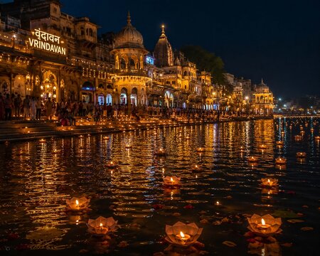 Illuminated Kesi Ghat in Vrindavan at Night with Diya Oil Lamps Floating on Yamuna River, India