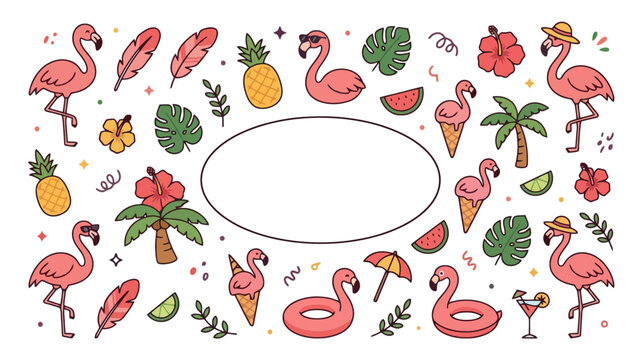 A vibrant summer frame features playful pink flamingos surrounded by tropical pineapples, lush palm leaves, hibiscus flowers, and refreshing ice cream treats for a delightful vacation season