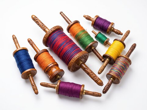 Colorful Thread Spools for Kite Flying on a White Background.