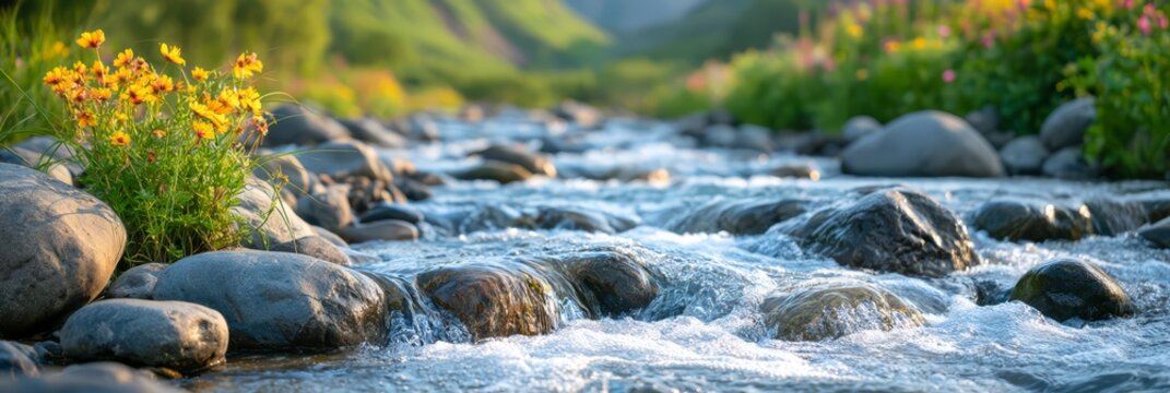 Crystal clear mountain stream flowing over smooth rocks beside colorful wildflowers, representing pristine nature, fresh water, peaceful wilderness and natural beauty.
