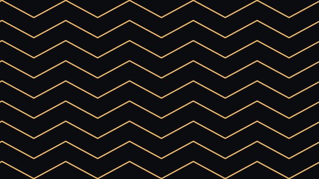 Chevron pattern features repeating gold zigzag lines set against a solid dark black background surface. zig zag line flow moving velocity animation