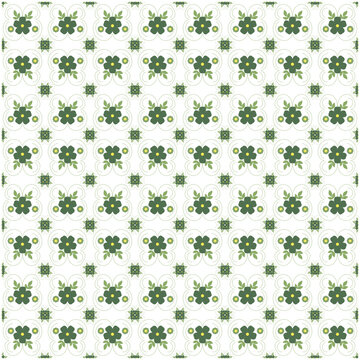 Elegant Vintage Green Floral Seamless Pattern with Symmetrical Damask Flower Tiles and Decorative Leaf Swirls