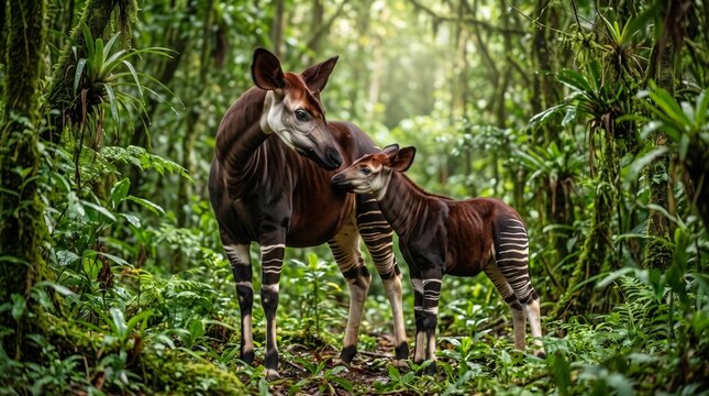 okapi (okapia johnstoni) with its calf in the rainforest