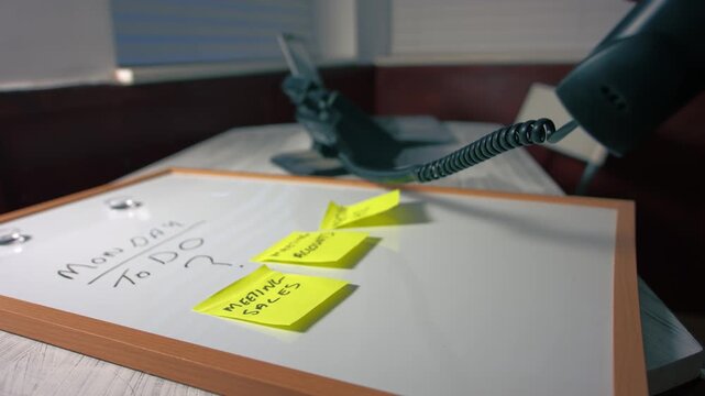 Woman on phone in office planning workload on whiteboard
