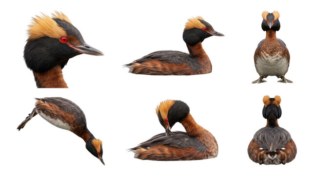 slavonian grebe (podiceps auritus) in six studio poses