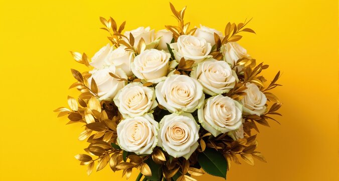 Graceful bouquet of white and cream roses paired with golden foliage on striking yellow background
