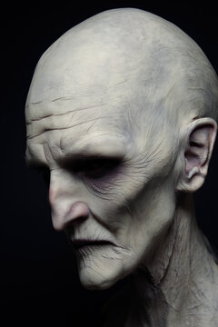 ufo, uap, aav, nhi, alien draconian portrait, wrinkled pale bald head in side profile with dark facial hair, photorealistic