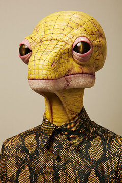ufo, uap, aav, nhi, alien draconian portrait, yellow reptilian head with large red eyes and patterned shirt, photorealistic