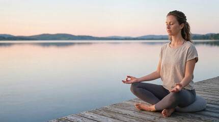 Fototapeta premium Woman meditating peacefully on a wooden dock by a calm lake at sunset