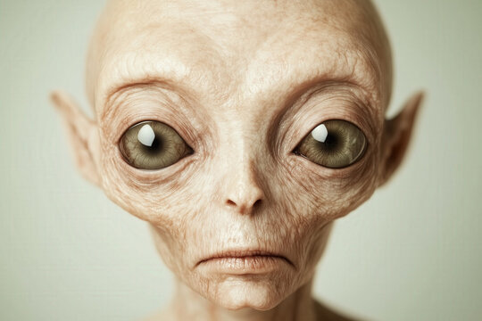 ufo, uap, aav, nhi, alien portrait frontal closeup, pale face with oversized cloudy eyes, photorealistic