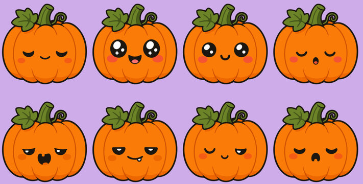 Set of cute kawaii pumpkins with various emotions and faces. Halloween vector cartoon illustration, autumn harvest emoji collection.