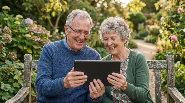 Happy senior couple laughing while looking at a tablet computer outdoors in a garden