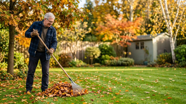 Elderly man raking leaves in a garden during autumn season