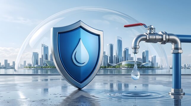 Blue shield with water drop symbol under transparent dome protecting cityscape