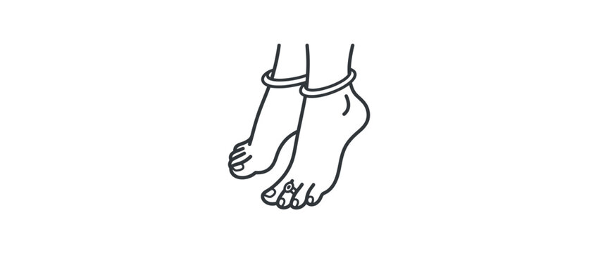 Vector line art illustration of traditional Indian bridal feet with anklets and toe ring ornaments