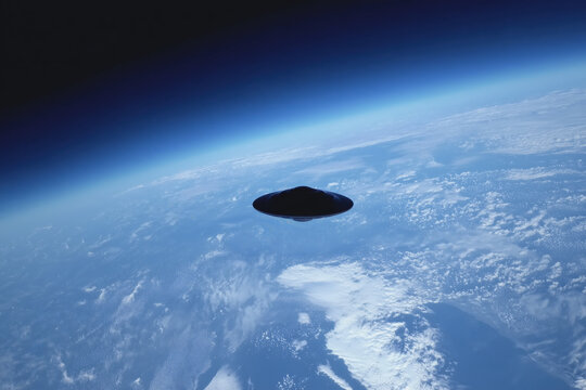 ufo, uap, aav, nhi, flying saucer in orbit, tiny black disc above blue earth, photorealistic