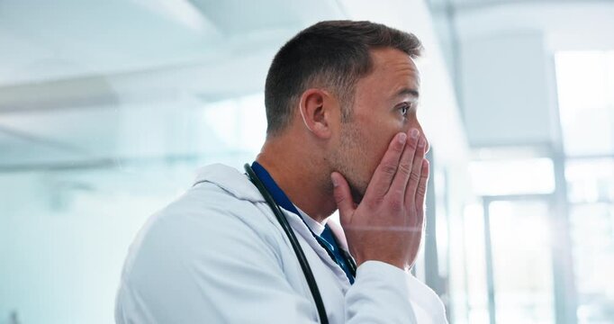 Man, doctor and frustrated in clinic with grief, fatigue or doubt with bad news or mistake. Mental health, sad physician and medical person with anxiety for stress, loss or failed surgery in hospital