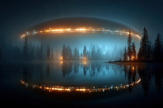 ufo, uap, aav, nhi, flying saucer with orange rim lights above forest lake and bright reflection, photorealistic