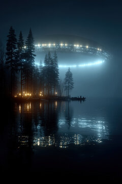 ufo, uap, aav, nhi, flying saucer with white rim lights above forest lake and vertical reflection, photorealistic