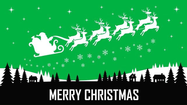 Animated silhouette of Santa Claus in a sleigh pulled by reindeer flying over a snowy village with text "Merry Christmas", motion graphics
