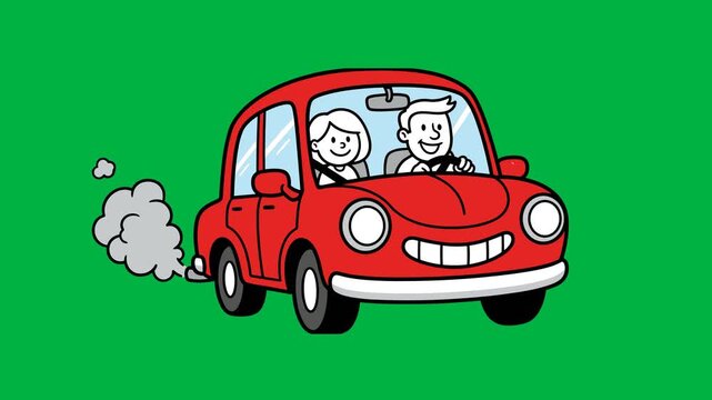 Cartoon couple driving red car with exhaust smoke on green background, simple animation