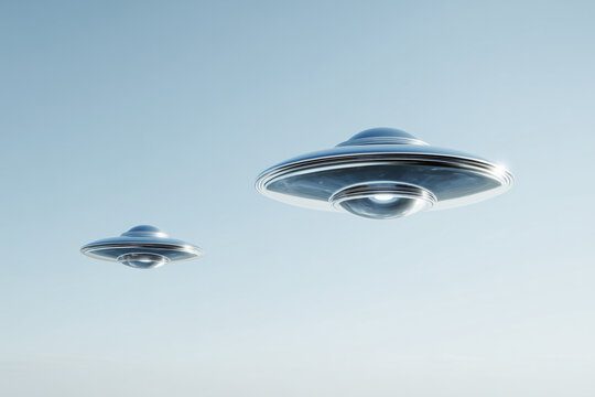 ufo, uap, aav, nhi, flying saucers, two chrome discs hovering against pale blue sky, wide spacing, photorealistic