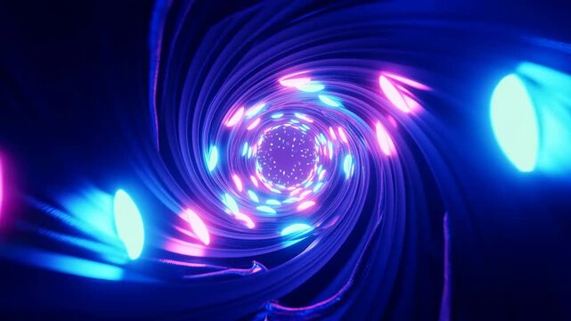 Neon spiral tunnel with alternating cyan and magenta oval lights, glossy ribbed walls, concentric depth, strong perspective, reflective surfaces, futuristic abstract glow
