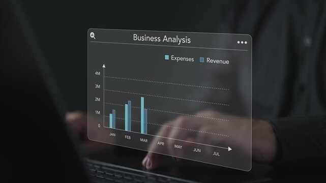Evaluating business analysis financial performance with monthly expenses and revenue bar chart on a system interface. Concept of profit margin growth, data analytics, and corporate accounting.