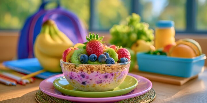 Healthy yogurt and granola breakfast bowl topped with fresh strawberries, blueberries, and kiwi, served on a colorful plate in a bright outdoor setting, creating a fresh, nutritious, and wholesome foo