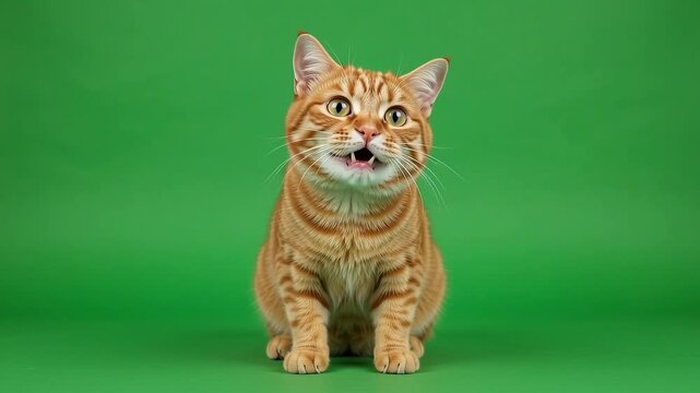 Orange cat spinning around on a green screen background