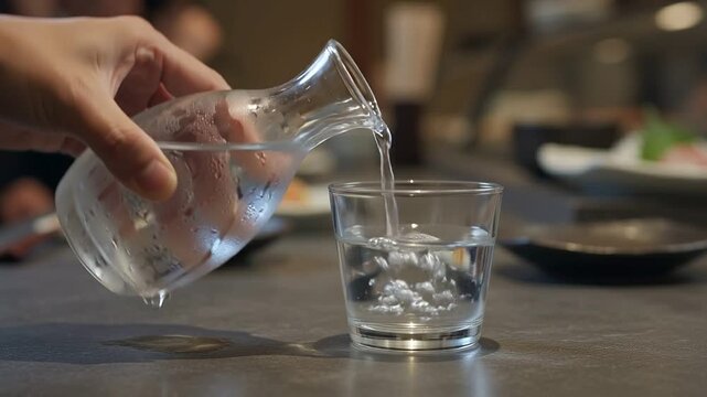 Chilled Sake Pouring from Frosted Glass Carafe