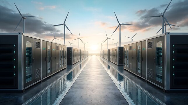 Row of server racks with wind turbines and sunset