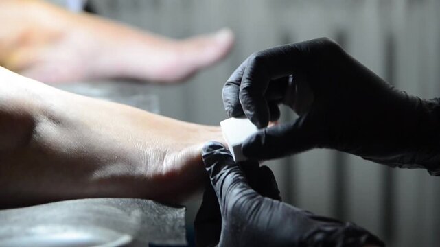 Professional pedicure master smoothing and buffing toenails with a nail buffer during a salon treatment. Close-up of foot care procedure preparing nails for the next stage of pedicure.